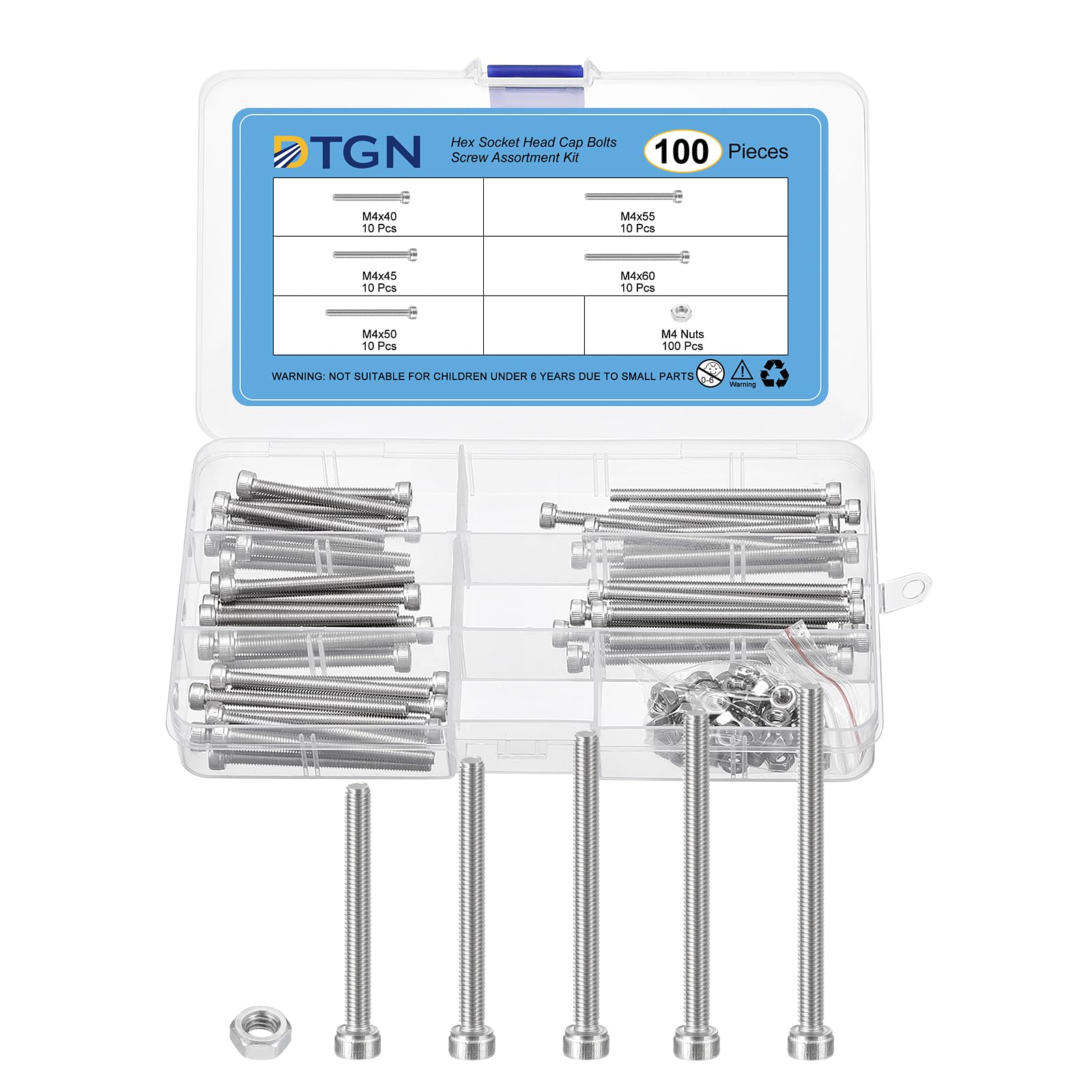 DTGN 100Pcs Metric Screw Assortment, M4 Bolts and Nuts Kit, 304 Stainless Steel M4x40/45/50/55/60mm Hex Socket Head Cap Screws Bolt Set