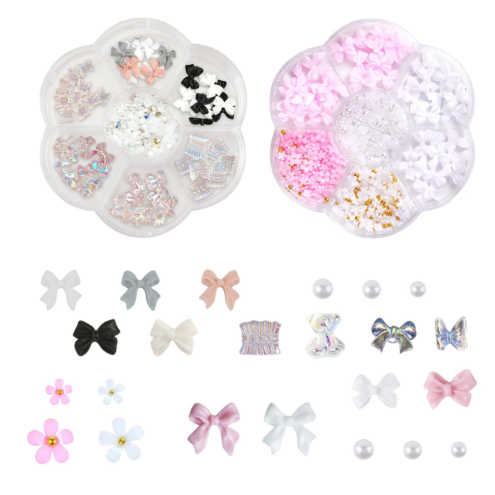 Bows Nail Charms, 2 Boxes Cute Resin 3D Flower Bear Bow Nail Art Charms Gems Nail Pearls Bowknot Nail Jewelry Supplies for DIY Crafts Nail Art Design Decorations (Multi-Colored D)