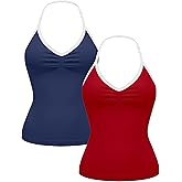 Relety Womens 2PK Halter Tank Tops V Neck Contrast Trim Impact Backless Longline Strappy Adjustable Gym Workout Top Padded