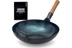YOSUKATA Flat Bottom Wok Pan - 13.5" Blue Carbon Steel Wok - Preseasoned Carbon Steel Skillet - Traditional Japanese Cookware for Electric Induction Cooktops Woks and Stir Fry Pans