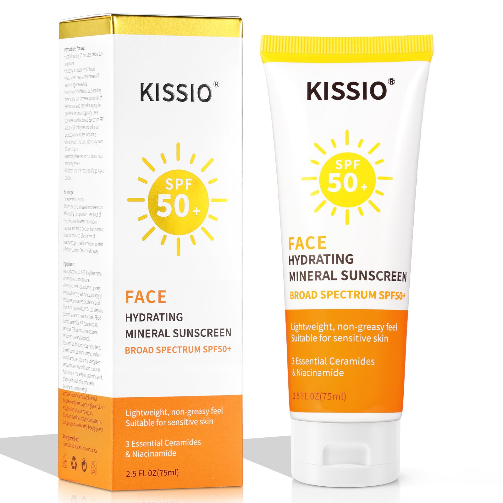 KISSIO Sunscreen For Face,with Zinc Oxide and Titanium Dioxide,Broad Spectrum Sunscreen,SPF 50,Hydrating Mineral Sunscreen,Non-greasy,Suitable For Sensitive Skin,2.5 FL OZ