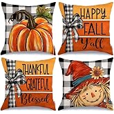 GEEORY Fall Buffalo Plaid Pumpkin Scarecrow Pillow Covers 18x18 Set 4 | Thanksgiving Autumn Farmhouse Decor,Thankful Grateful Blessed,Happy Fall Y'all,Orange Scarecrow Cushion Case,Sofa Couch