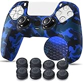 YoRHa Studded Printing Silicone Cover Skin Case for PS5 Controller x 1(Dark Blue) with Pro Thumb Grips x 10
