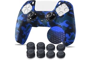 YoRHa Studded Printing Silicone Cover Skin Case for PS5 Controller x 1(Dark Blue) with Pro Thumb Grips x 10