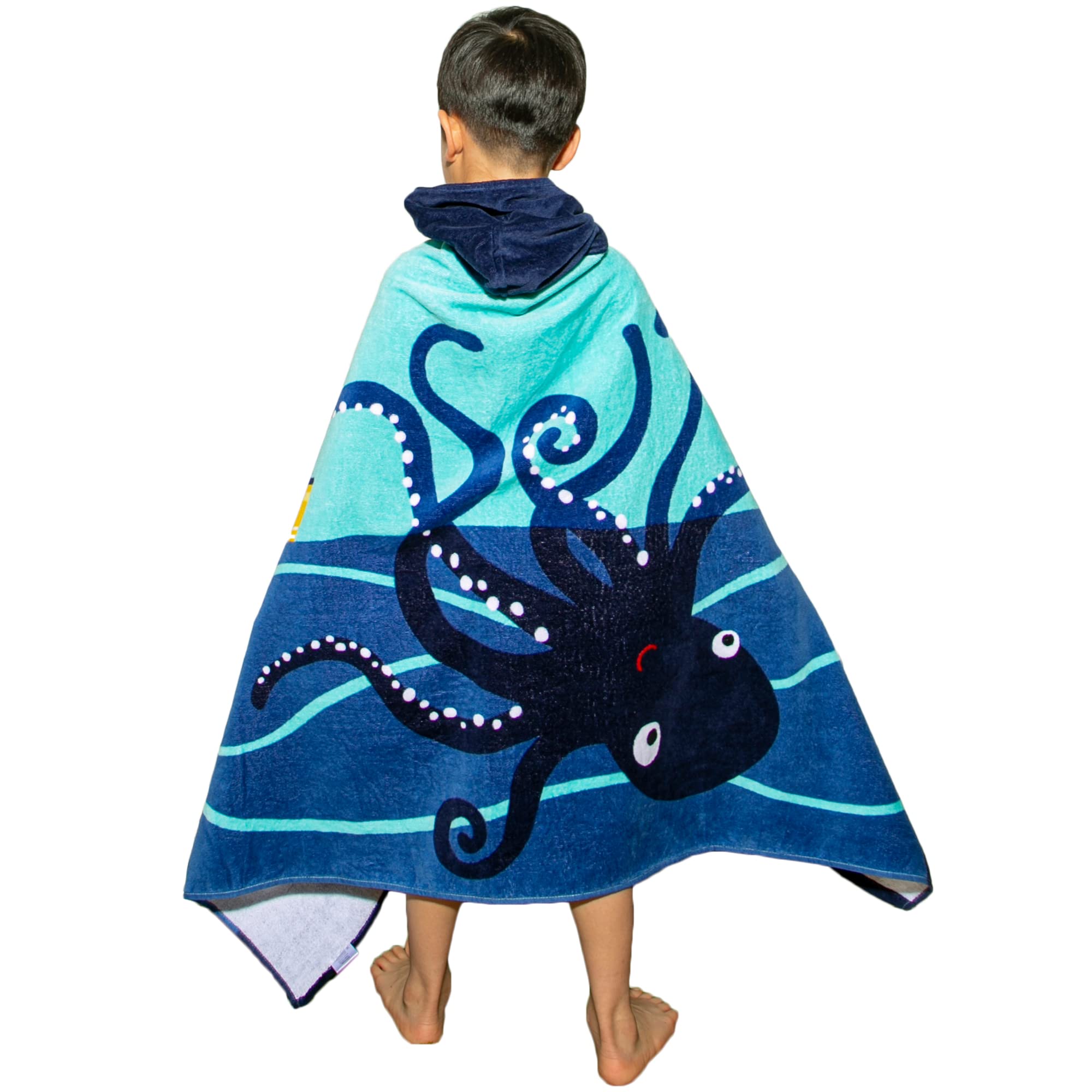 Fewlby Boys Hooded Beach Bath Towel, 100% Cotton Bathrobe Kids Cartoon Hooded Bath Blanket Swimming Towel Surfing Poncho, 30"*50", Squid