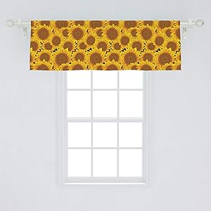 Lunarable Sunflower Window Valance, Flowers Garden Meadow Idyllic Harvest Theme Autumn Pattern, Curtain Valance for Kitchen Bedroom Decor with Rod Pocket, 54" X 18", Yellow Marigold