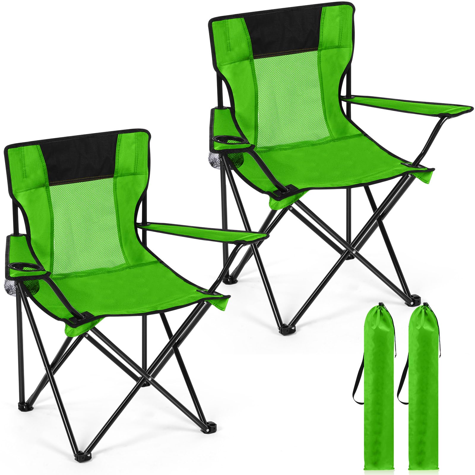Photo 1 of Shellwei 2 PCS Folding Camping Chair with Cupholder and Carry Bag Regular Size Colorful Breathable Portable Lightweight Lawn Chair with Side Pocket for Fishing Hiking Beach Outdoor Activity(Green)