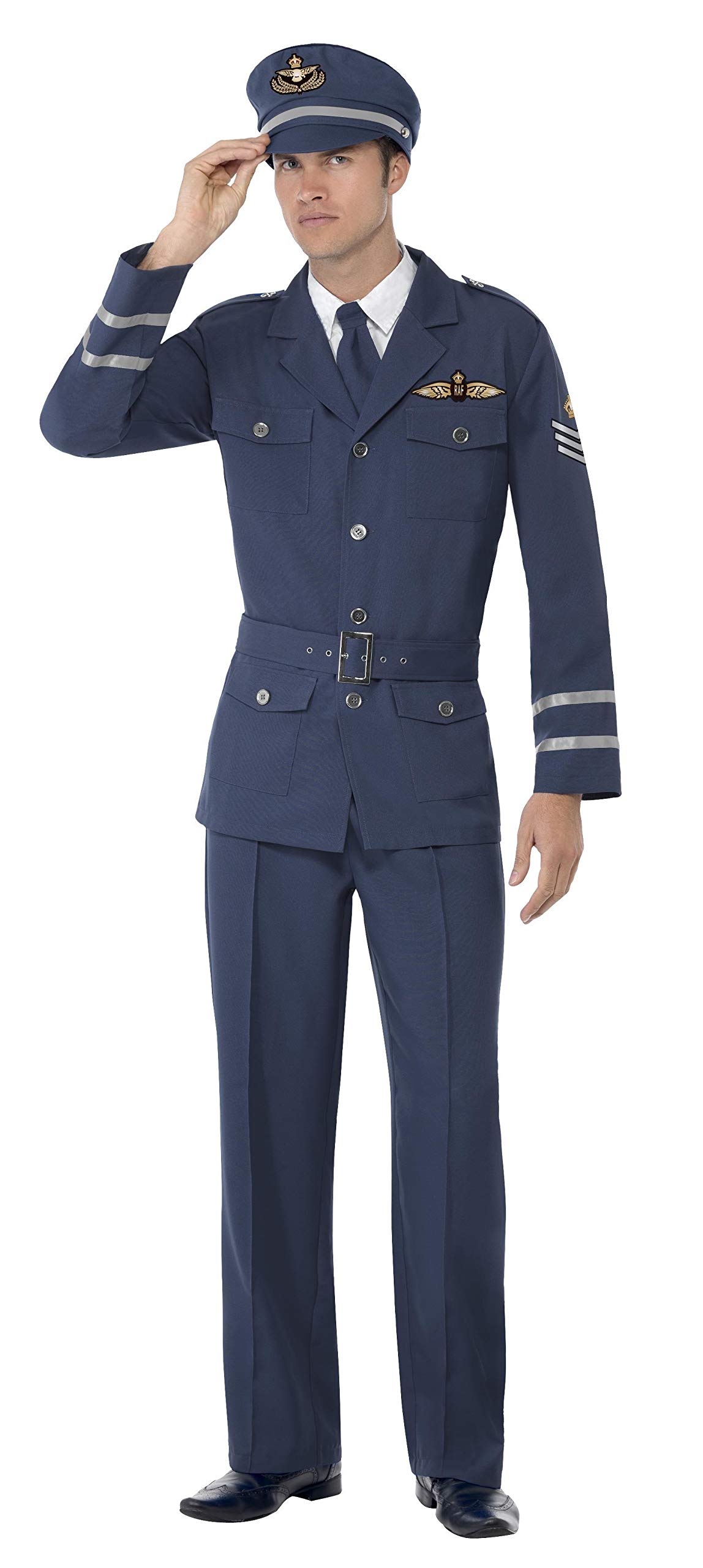 Smiffys WW2 Air Force Captain Costume, Blue Trousers, Jacket, Hat & Tie, Fancy Dress, Adult Dress Up Costumes