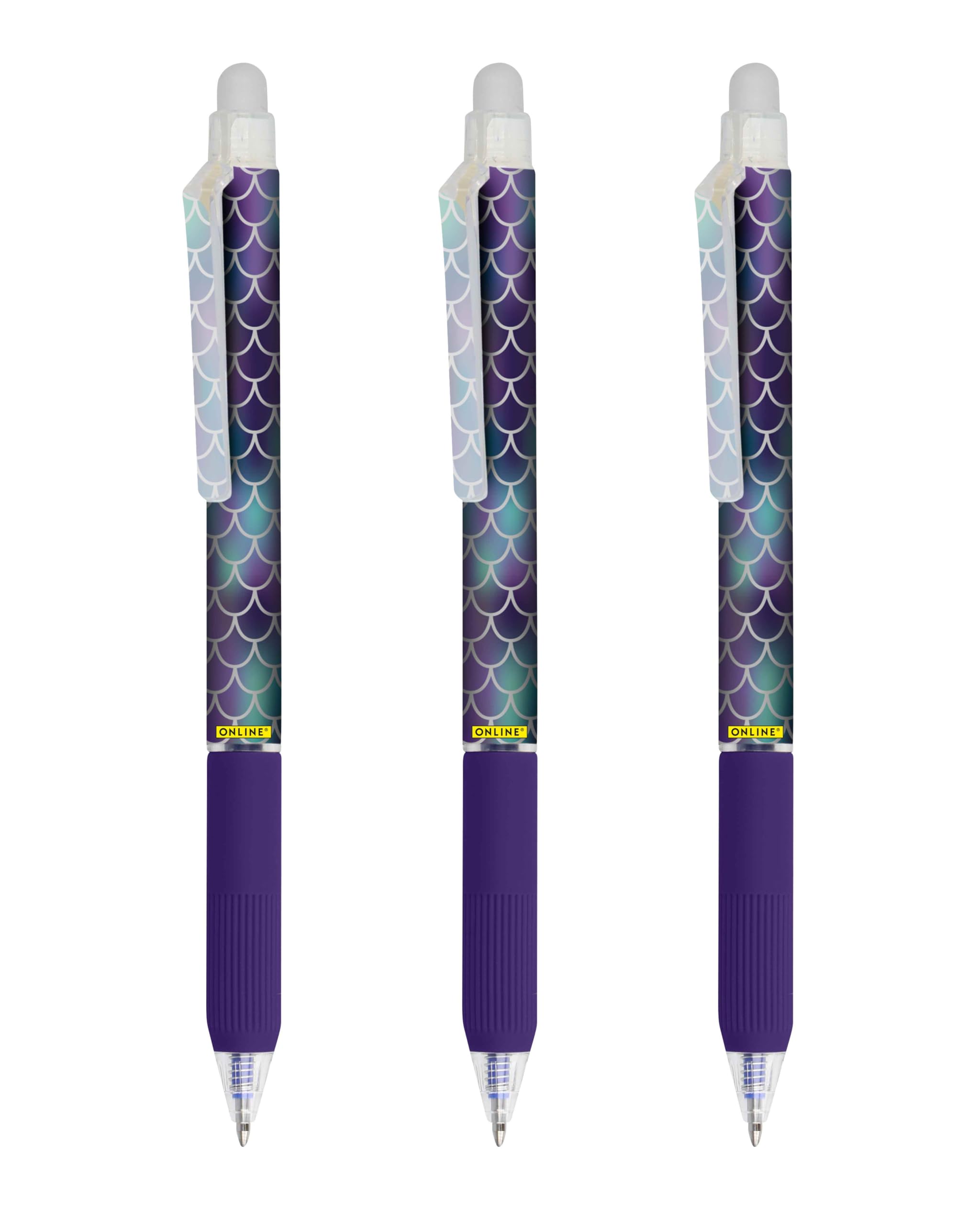 Online magiXX, 3 x Shiny Dreams Erasable Gel Pen Blue Erasable with 0.7 mm Line Width, Rollerball Pen for Learning to Write, Office, Erasable Pen Set, Erasable Ballpoint Pen for Students