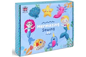 SPROUT & SPARK STUDIO Sewing Kit for Kids Ages 5+ | Crafts Toys for Girls with 7 Easy Felt Projects | Beginner Crochet & Knitting Starter Set | Mermaid Stuffed Dolls, Play & Learn DIY Art