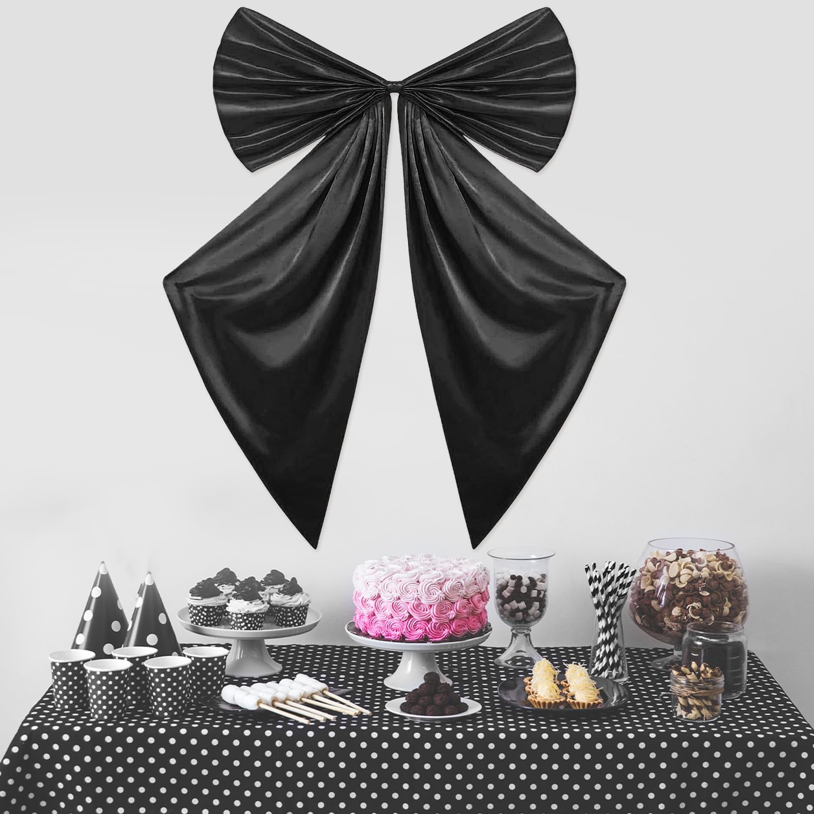 Photo 1 of Big Black Bow Decorations for Halloween Coquette Birthday Party Satin Ribbon Twist Tie Bow Large Black Wall Hanging Christmas Decor Giant Bachelorette Decoration Baby Shower Room Bridal Party Supplies