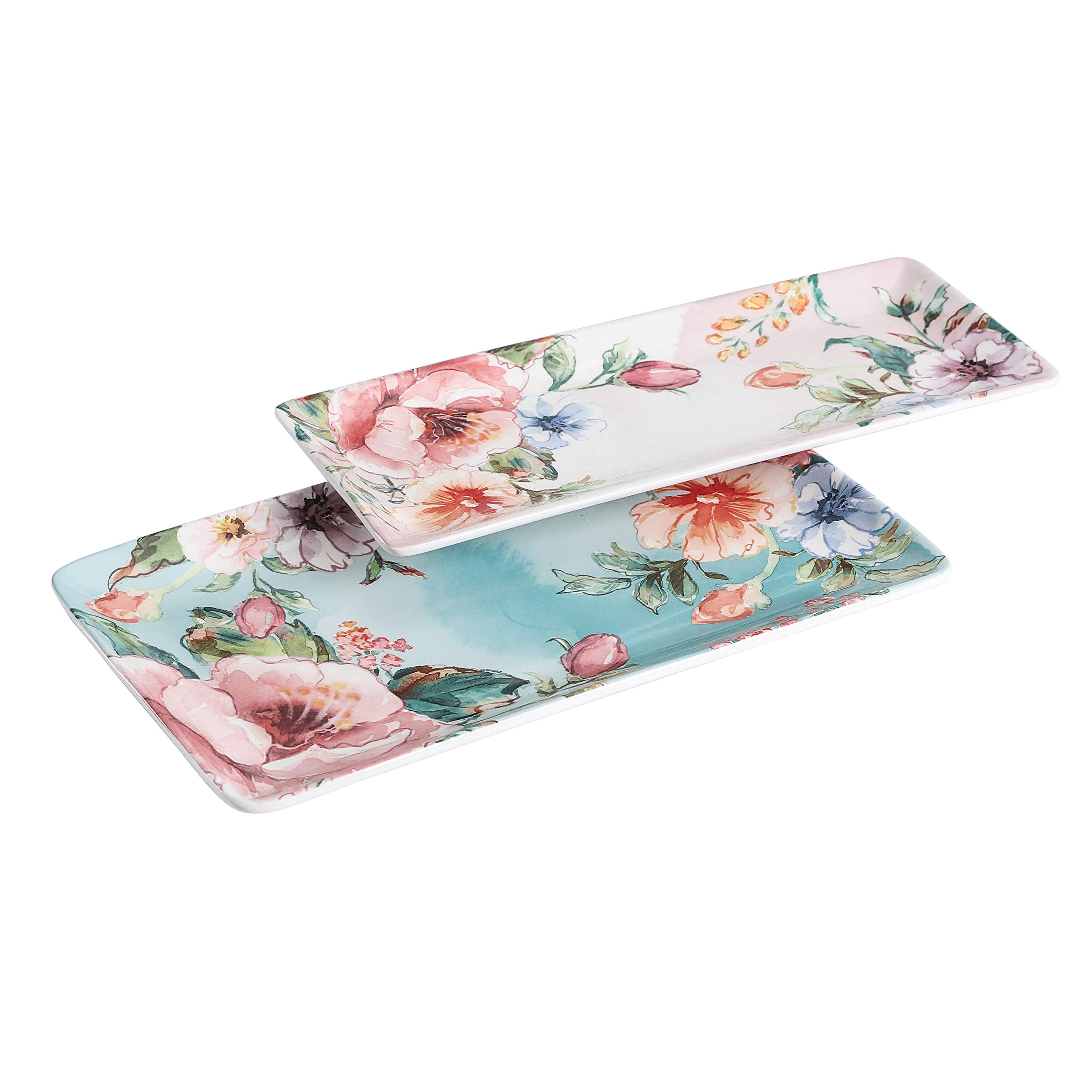 Bico Margret's Garden Ceramic 35 cm Rectangular Serving Platter, Set of 2, for Serving Salad, Pasta, Cheese, Ham, Appetizer, Microwave & Dishwasher Safe