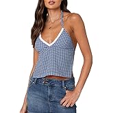Women Girls Terry Trim V-Neck Halterneck Top Sleeveless Open Back Gingham Tops Strappy Y2K Shirts Streetwear