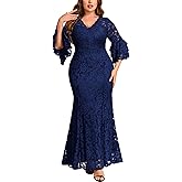 Miusol Women's Plus Size Floral Lace Ruffle Bell Sleeve V Neck Mermaid Hem Formal Maxi Dress