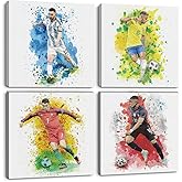 4PC Watercolor Canvas Wall Art Framed Art Famous Soccer Superstar Room Decor Inspirational Sports Paintings Soccer Gifts Wall Decor Prints Picture for Boys Room Sports Club Home Decor 7.9x7.9 inch