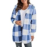 KIKX0DE Womens Long Fuzzy Shackets Plaid Flannel Long Sleeve Jackets Casual Oversized Hooded Clothes Outfits