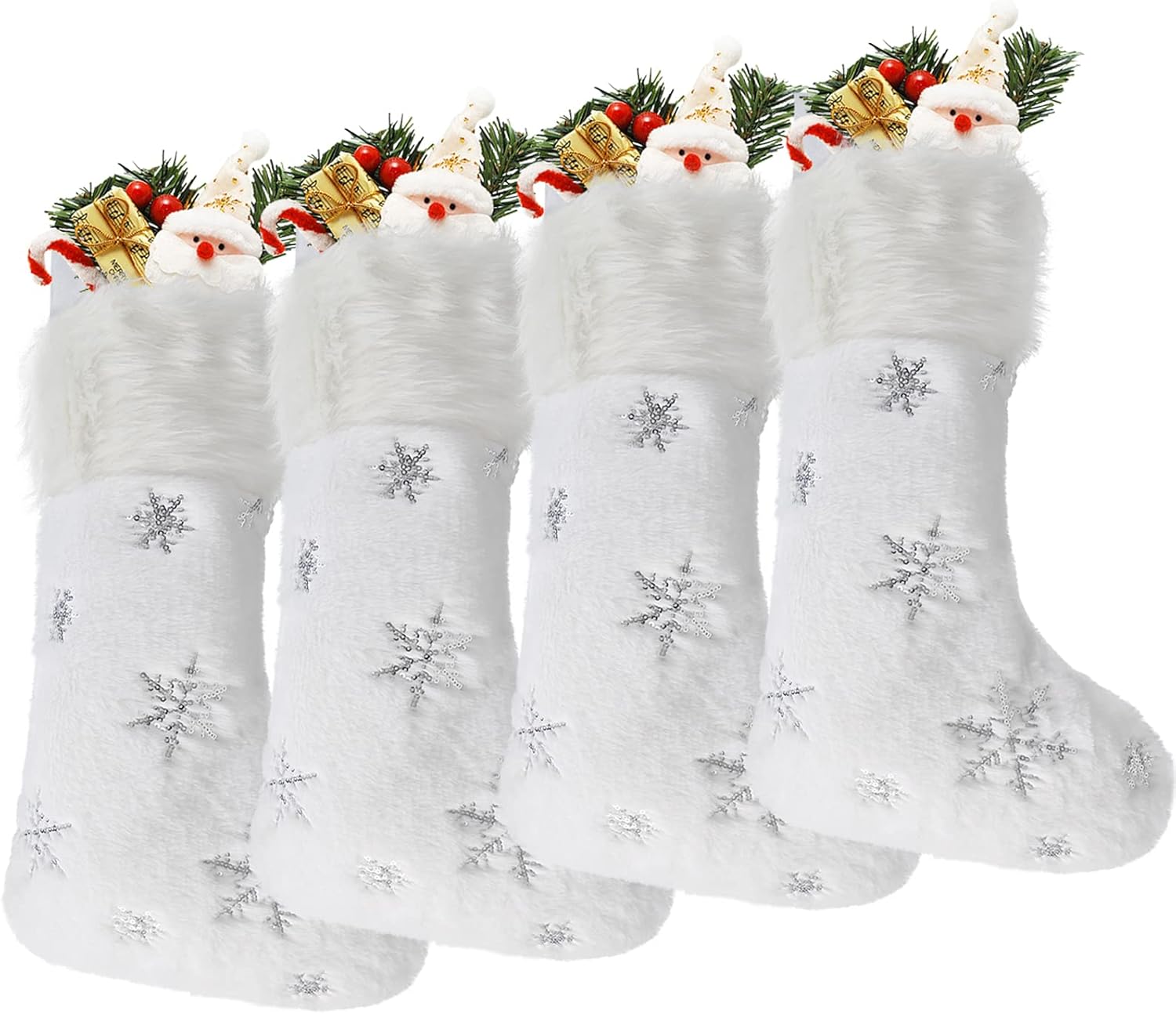 Stockings & Holders - DIYASY White Christmas Stockings, 4 Pack Large Faux Fur Christmas Stockings with Silver Sequin Snowflakes Personalized Christmas Stocking for Fireplace Hanging and Holiday Party Decoration 17.5 Inches