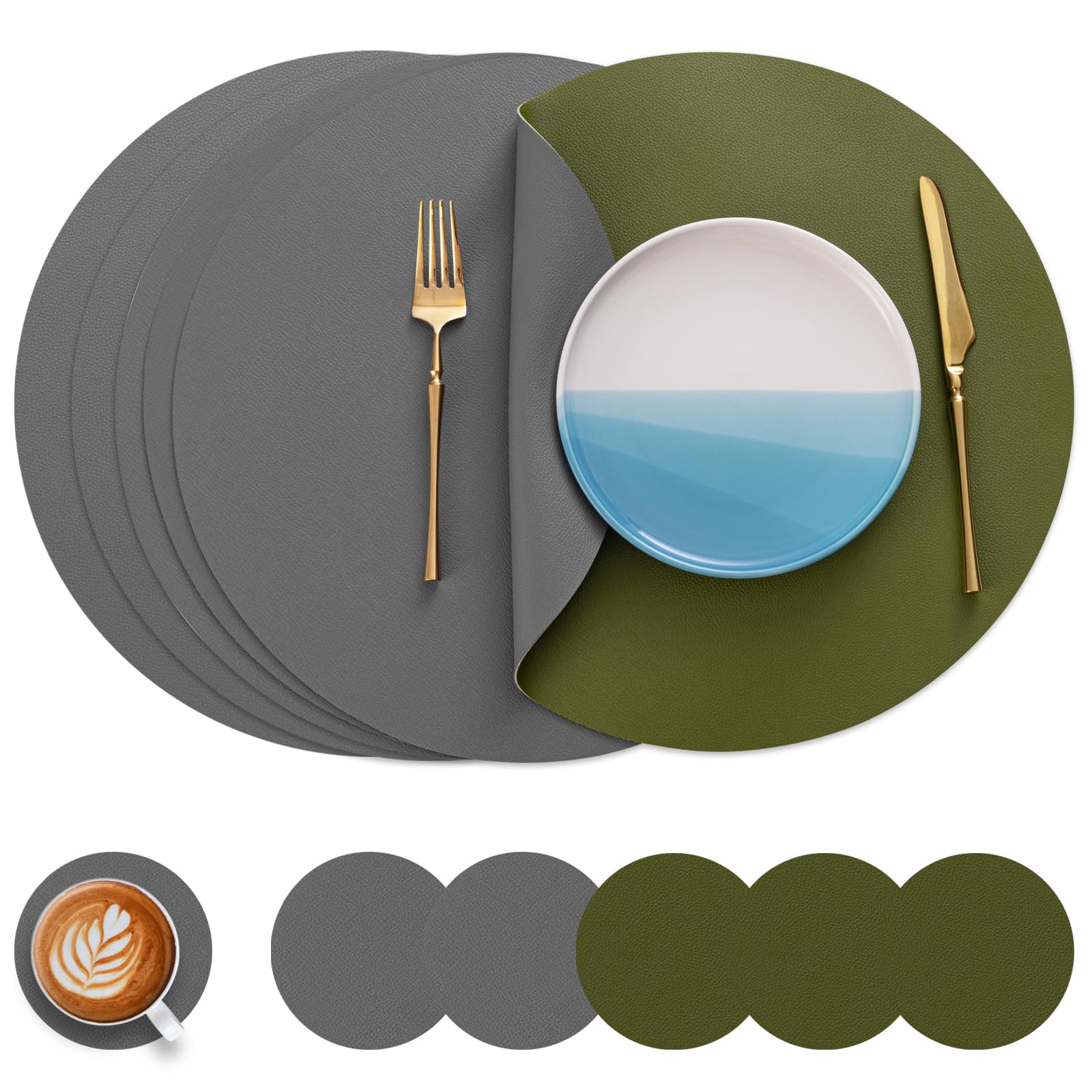 Myir JUN Round Table Placemats Set of 6 Faux Leather Place Mats and Coasters 15 inch Round Dual Sided Placemats Non-Slip Wipe Clean Stain Resistant (Gray Green,Set of 6)