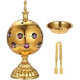 JUXYES Gold Vintage Metal Incense Burner Holder with Ash Catchers and Lid | Antique Censer Charcoal Incense Resin Burner with Tongs, Zinc Alloy Spiritual Aromatherapy Yoga Meditation Retro Home Decor