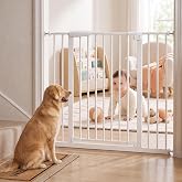 NEWBULIG 30" Tall Baby Gate for Stairs and Doorways, Pressure Mounted | 30"-39" Wide Safety Gate for Kids &amp; Dogs, Auto Close Walk Through Door, Heavy Duty Metal Frame Child Safety Barrier, White