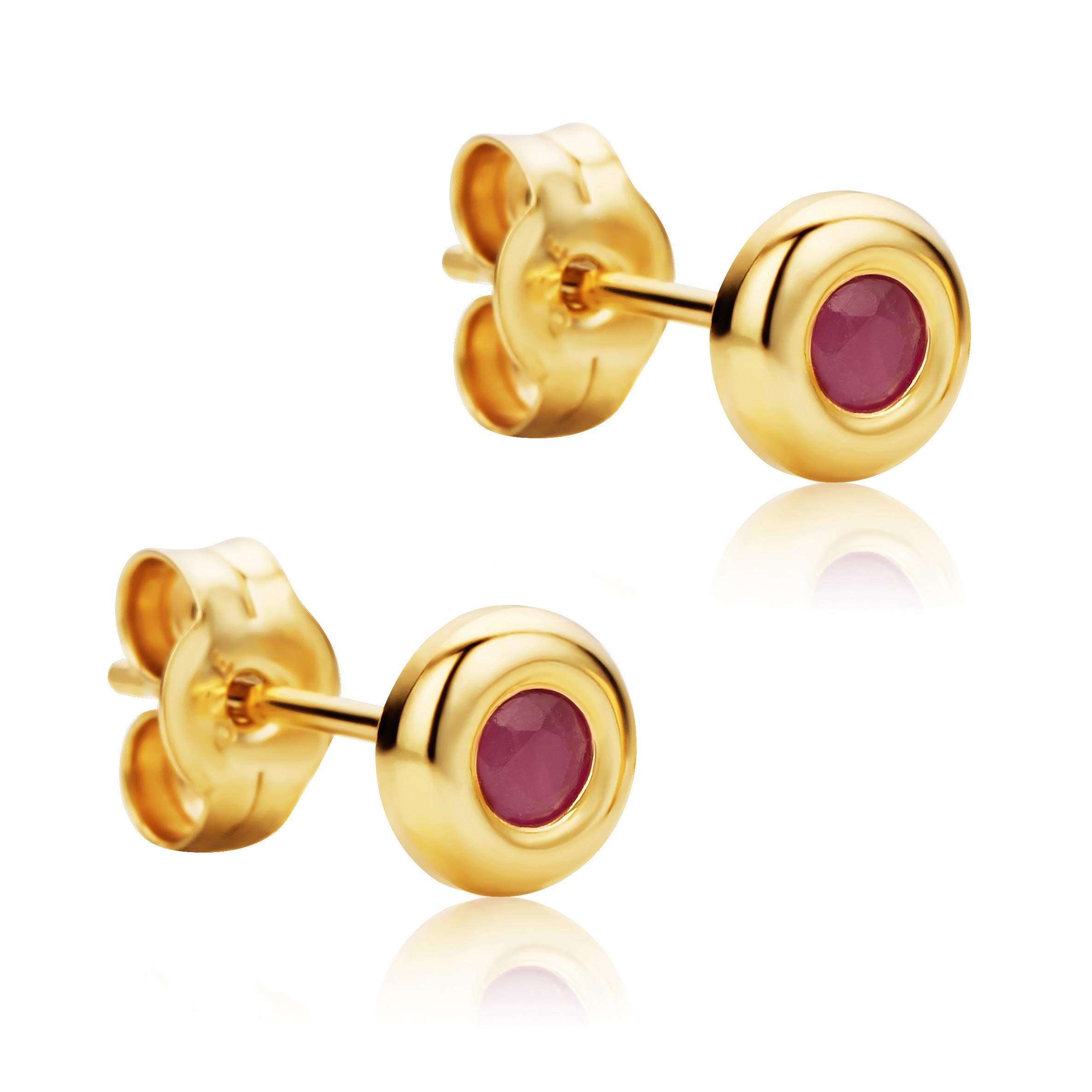 Orovi Round Yellow Gold Earrings for Women with Rubies in 9 Carat Gold, Hypoallergenic Earrings - Handmade studs with jewellery box