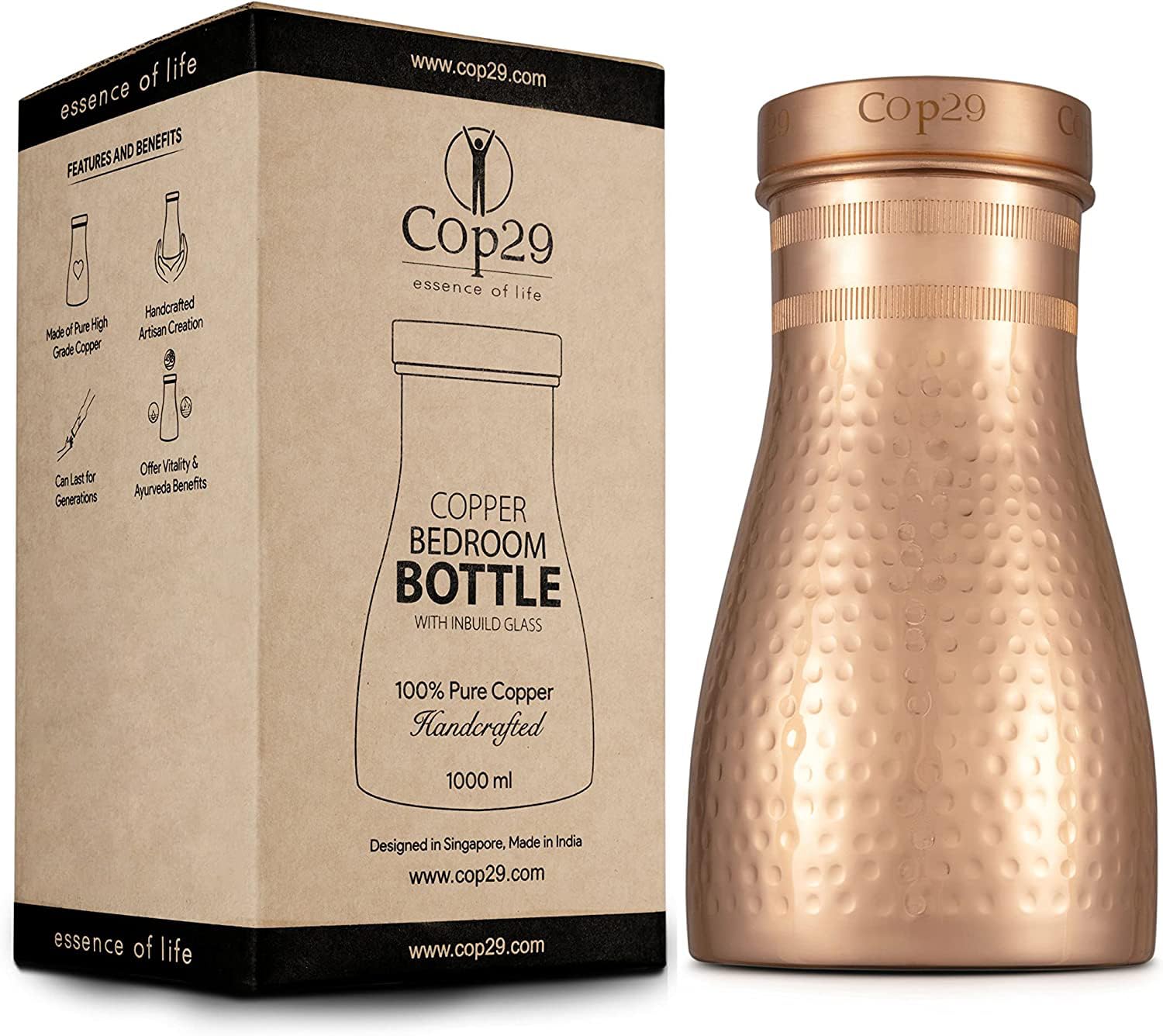 Cop29 Handmade Dolny Shiny Hammered Copper Bedroom Water Bottle I Pitchers with Lid I Bedside Water Carafe (Indoor Use with Loose Lid) –1000ml/34oz