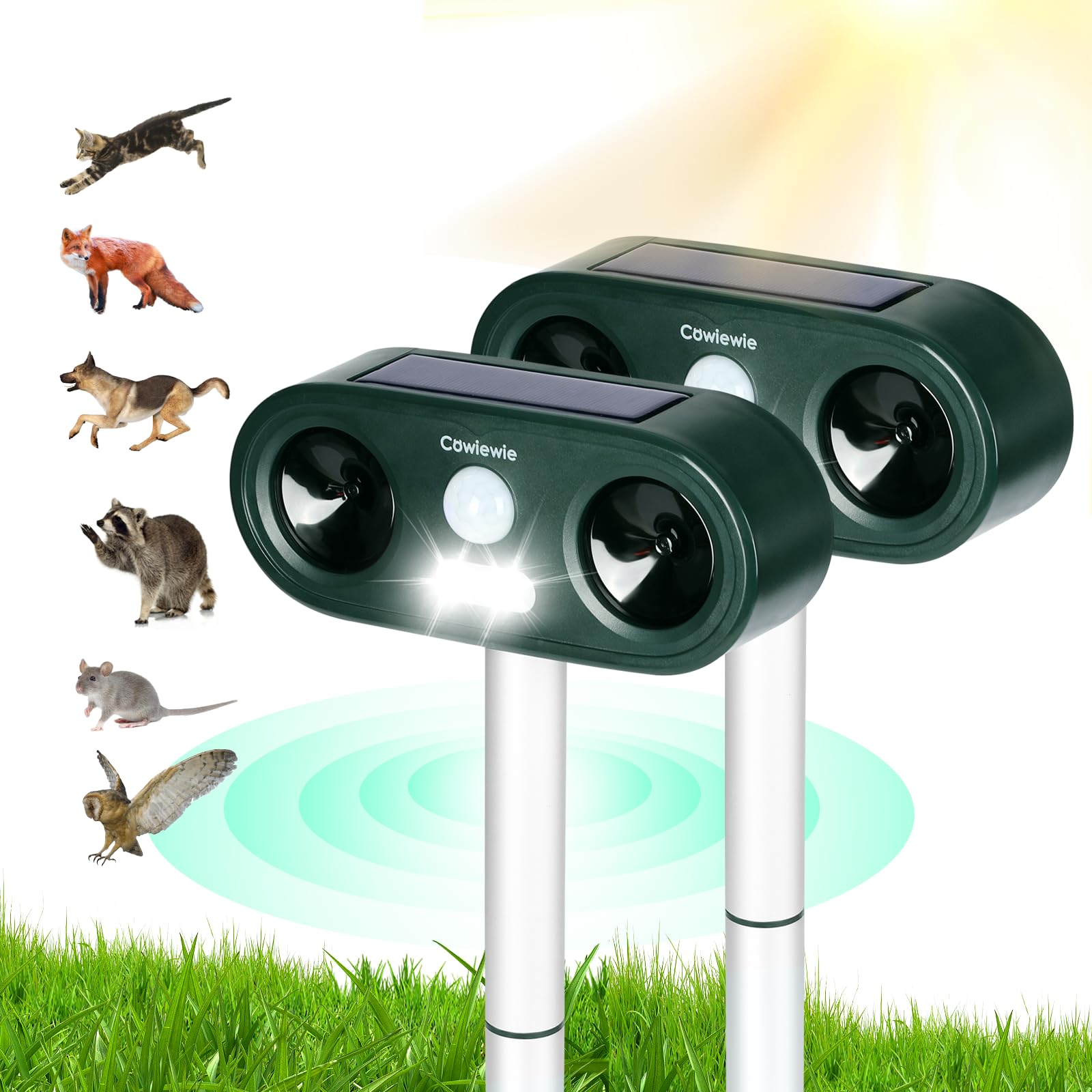 Cowiewie 2 Pack Cat Repellent for Gardens UK, Dual Speaker Solar Ultrasonic Animal Repeller with LED Flash, PIR Motion Sensor 120°, Waterproof Repellent for Garden Backyard Pool (Green)