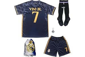 LeenBD 2023/2024 New Vini Jr. No #7 Madrid Away Navy Kids Soccer Jersey Kit Shorts Socks Set Youth Sizes