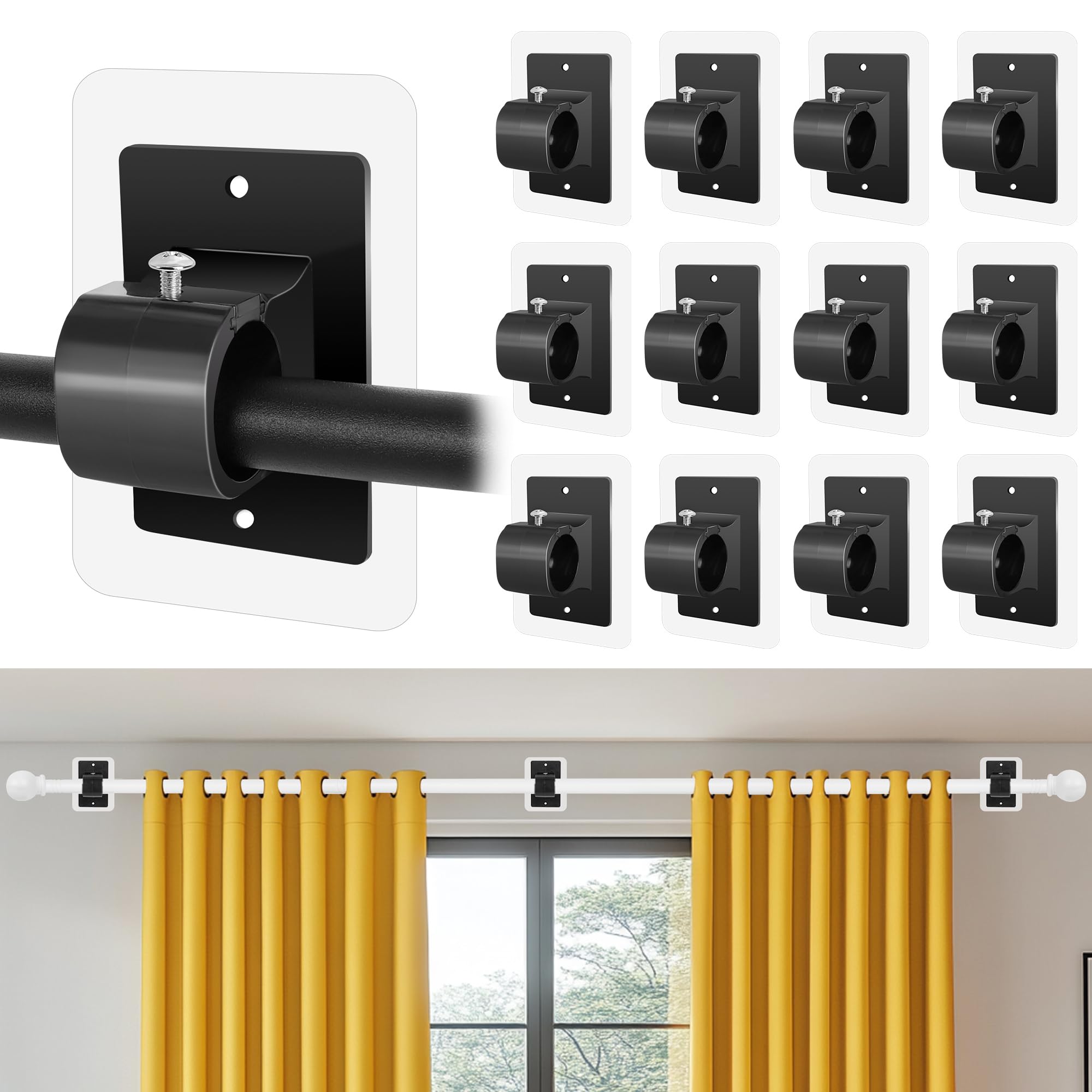 Photo 1 of 12PCS Self Adhesive Curtain Rod Holder No Drilling,No Drill Curtain Rod Bracket,Renter Friendly Drapery Rod Hook,Nail Free Adjustable Non Screw Draper Pole for Apartment Window Wall Door Ceiling Mount