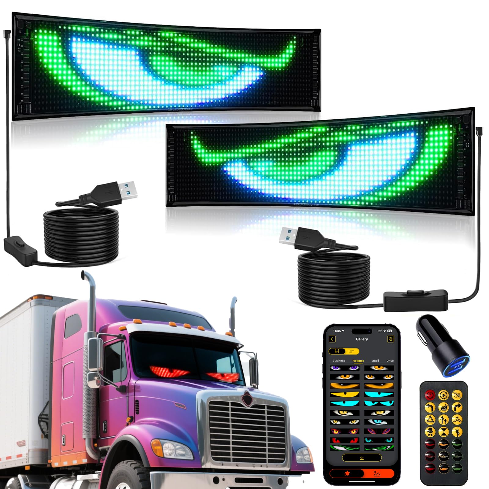 Photo 1 of Super RGB LED Devil Eyes for Car Windshield (2PCS), 23"x5" Flexible Car Eyes Animated LED, Smart APP Control Programmable LEDs Sign, Demon Eye-Display Light for Truck Window