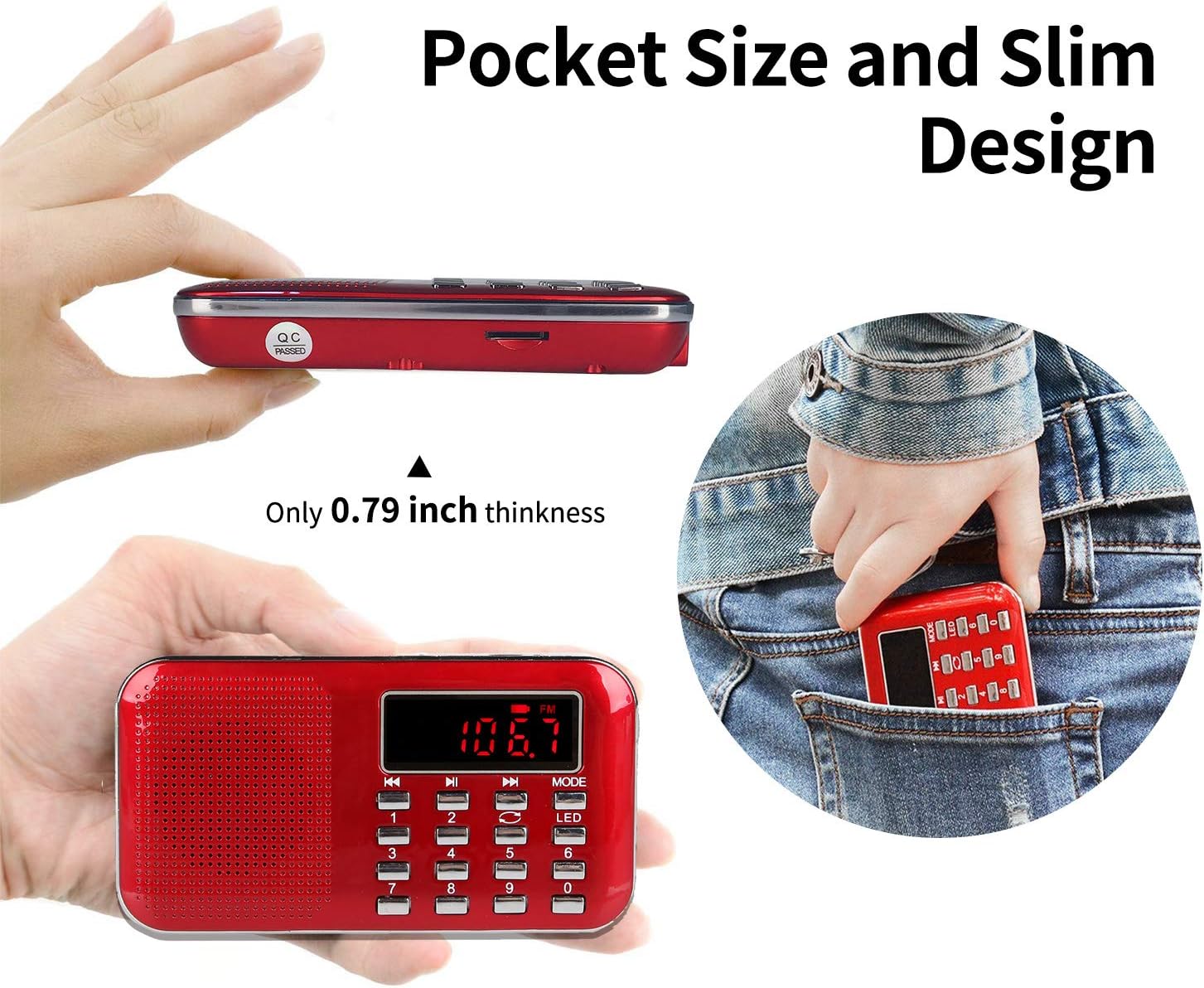 Raddy RF23 Portable FM/AM Radio, Rechargeable Pocket Radio, Flashlight, Clear LCD Display, Micro SD/USB MP3 Player - Image 5
