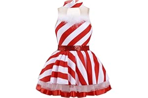 Moggemol Kids Girls Sequins Striped Tutu Dance Dress Figure Skating Dress Christmas Party Candy Cane Costume