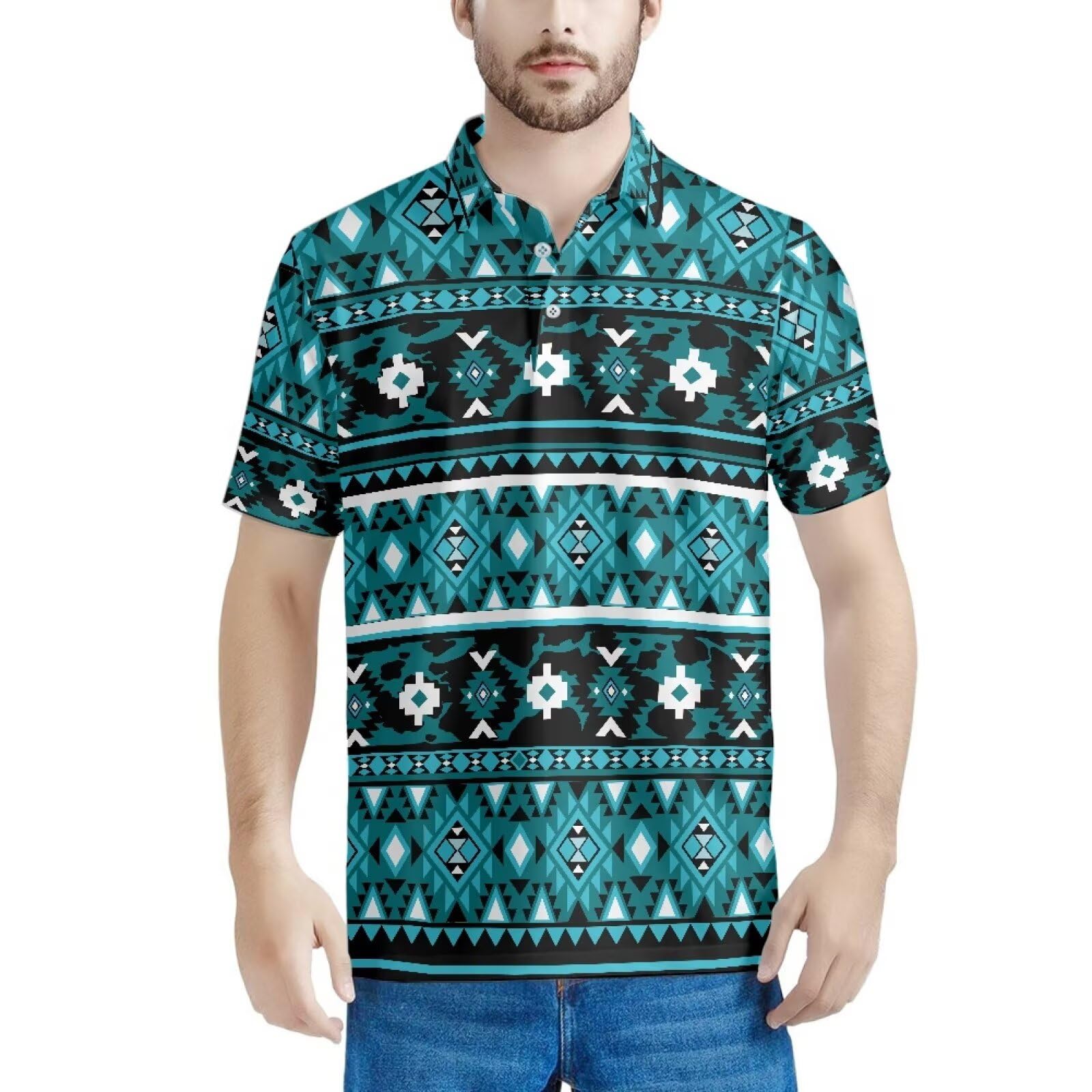 HUGS IDEA Blue Aztec Tribal Golf Shirts for Men