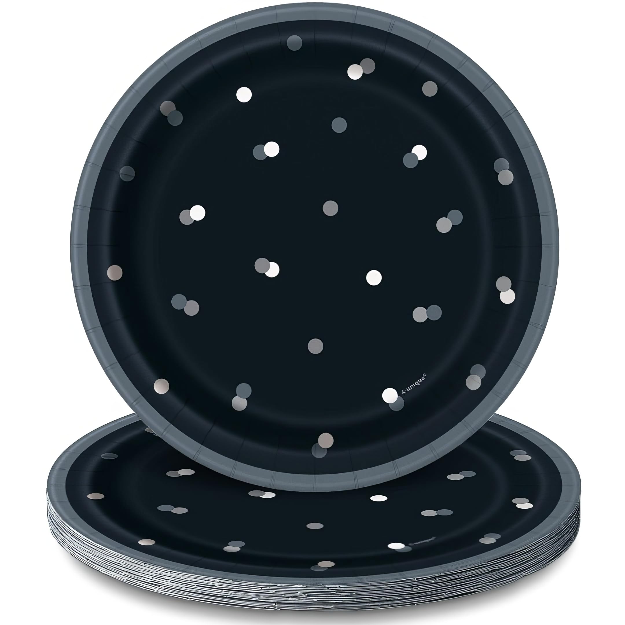 Unique 83584 Black Polka Dots Foil Stamped Paper Plates, 7" Disposable | 8 Pcs, Happy Birthday