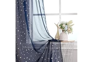 WUBODTI Semi Sheer Star Curtains Set of 2 Panels 63 Inch Length, Kids Bedroom Navy Starry Moon Transparent Window Curtain Rod Pocket Sparkly Space Theme Drapes for Boys Baby Room, Navy Blue