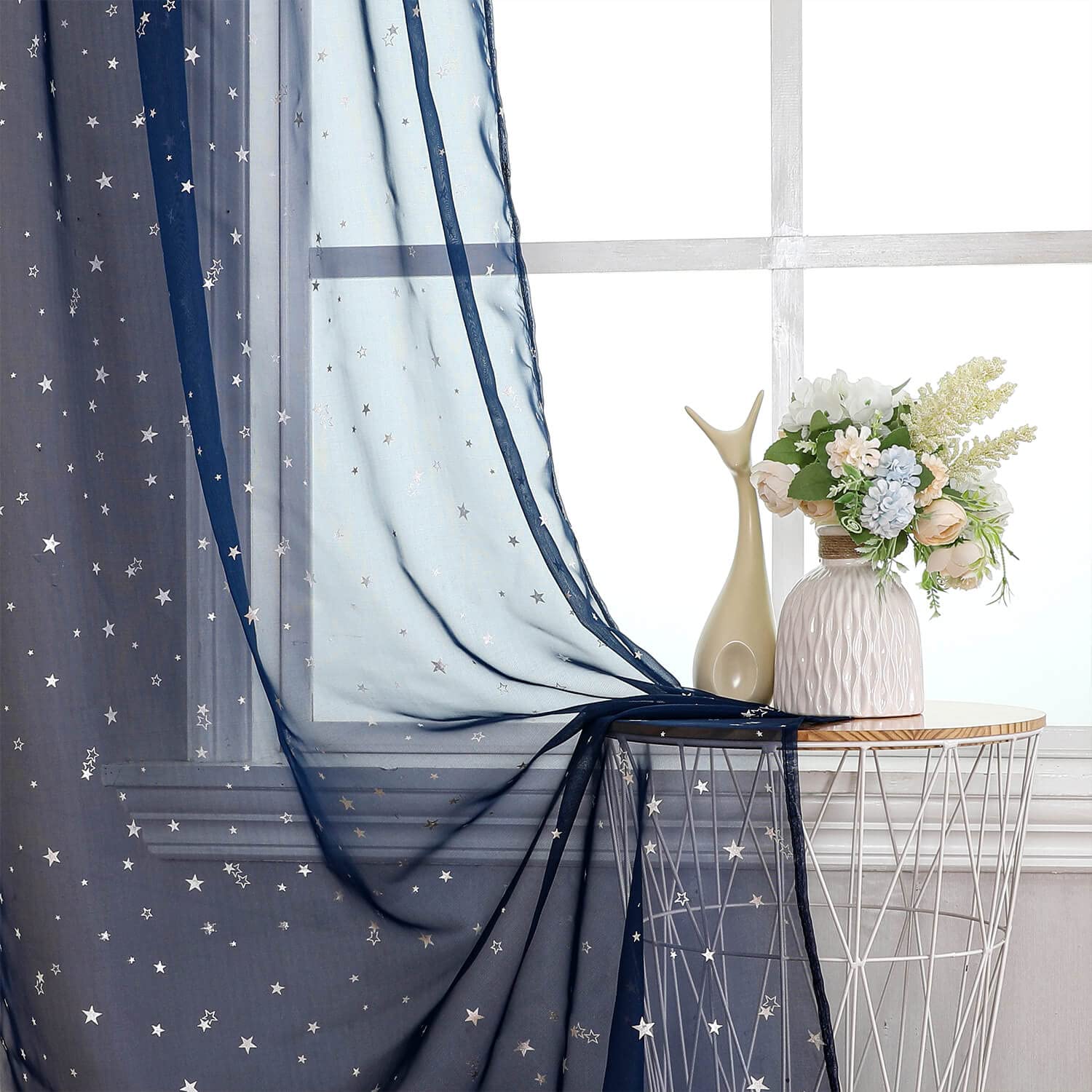WUBODTI Semi Sheer Star Curtains Set of 2 Panels 63 Inch Length, Kids Bedroom Navy Starry Moon Transparent Window Curtain Rod Pocket Sparkly Space Theme Drapes for Boys Baby Room, Navy Blue