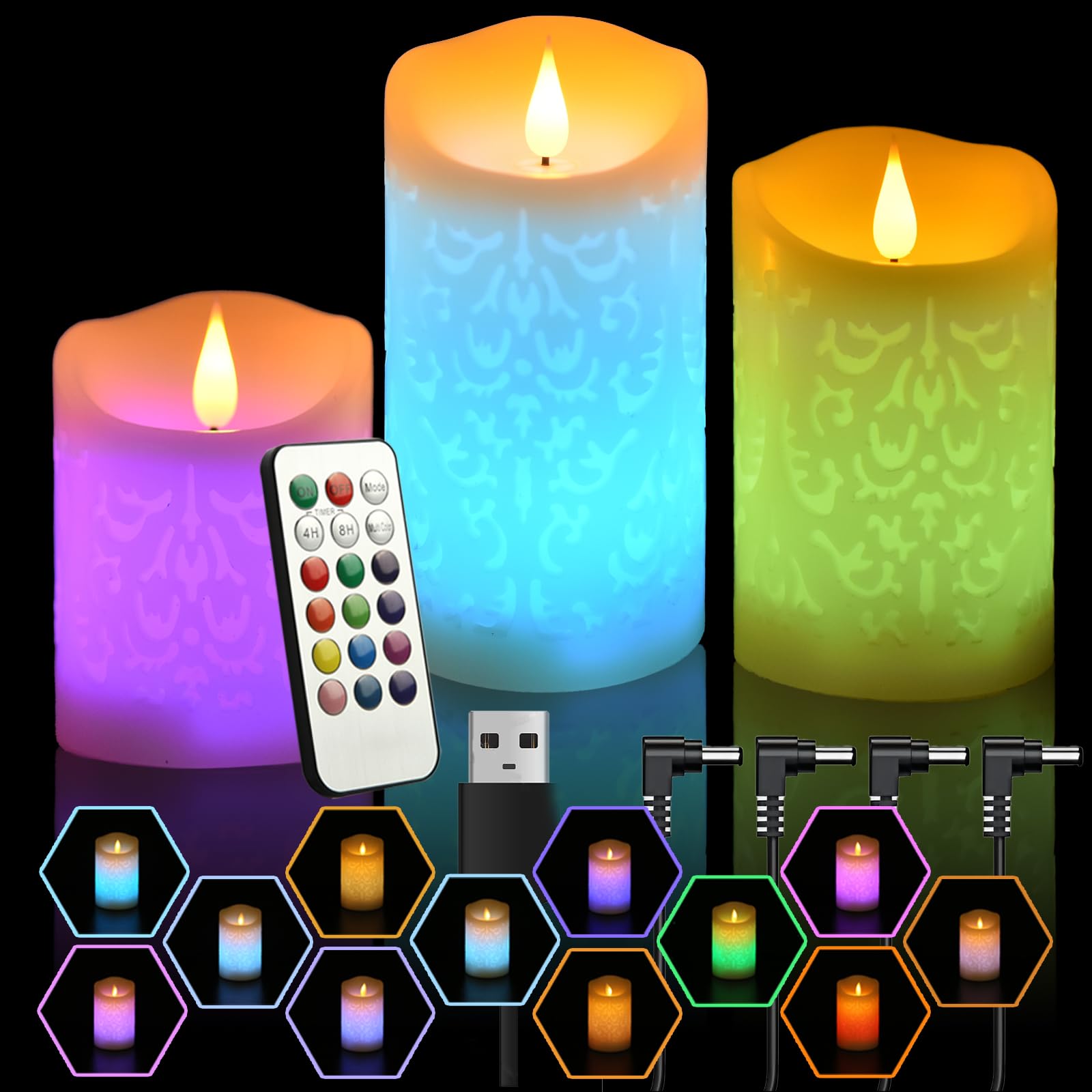 Photo 1 of NICEME Rechargeable Color Changing Candles with Remote Timer USB Cable 3PCS LED Multi Colored Flameless Candles Battery Operated Real Wax USB Pillar Candles Flickering for Halloween Christmas Decor