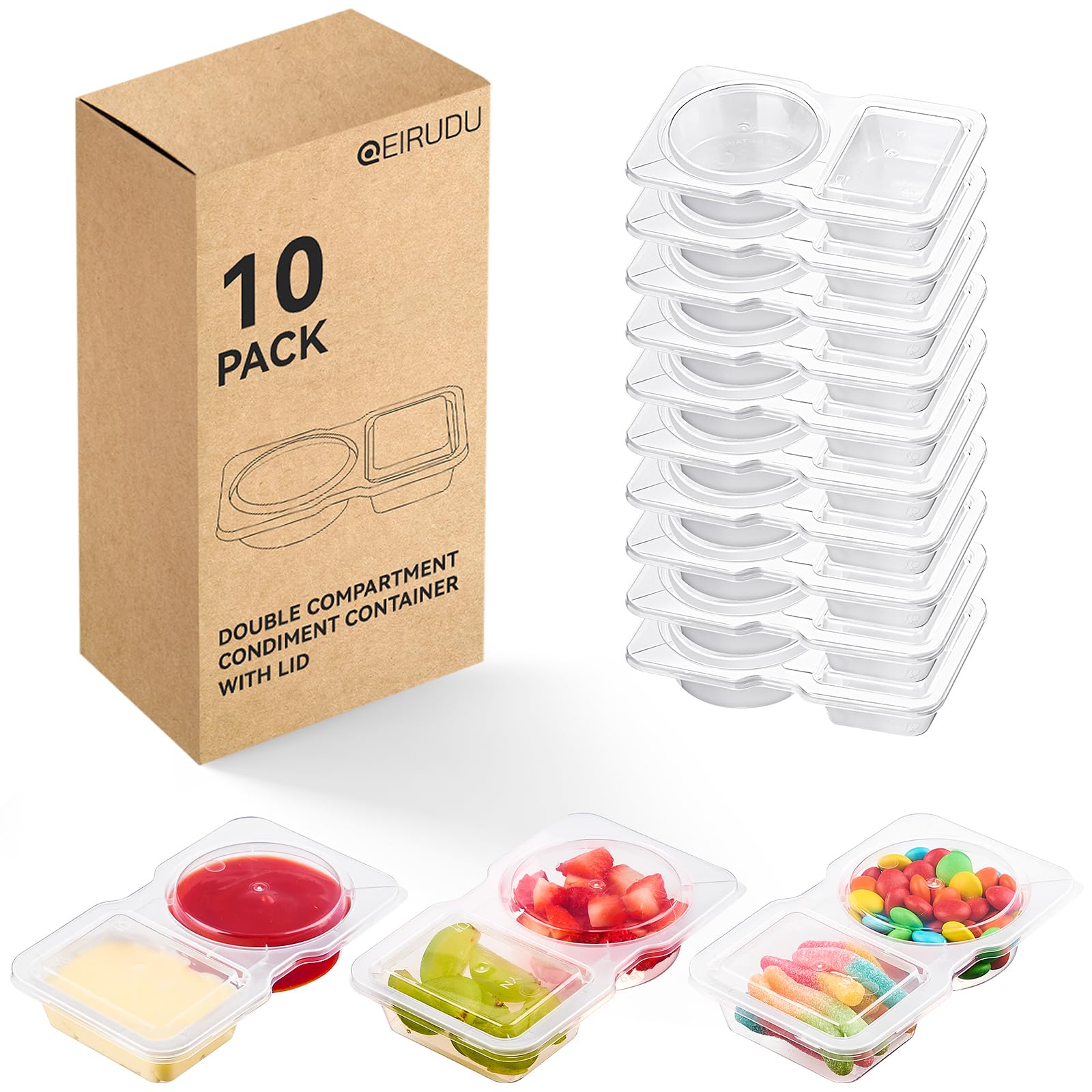 Photo 1 of Qeirudu 10 Sets 4.5oz Reusable Plastic Snack Containers, Double Compartment Condiment Containers with Lids for Meal Prep, Dipping Sauce, Portion Control, Travel Snack