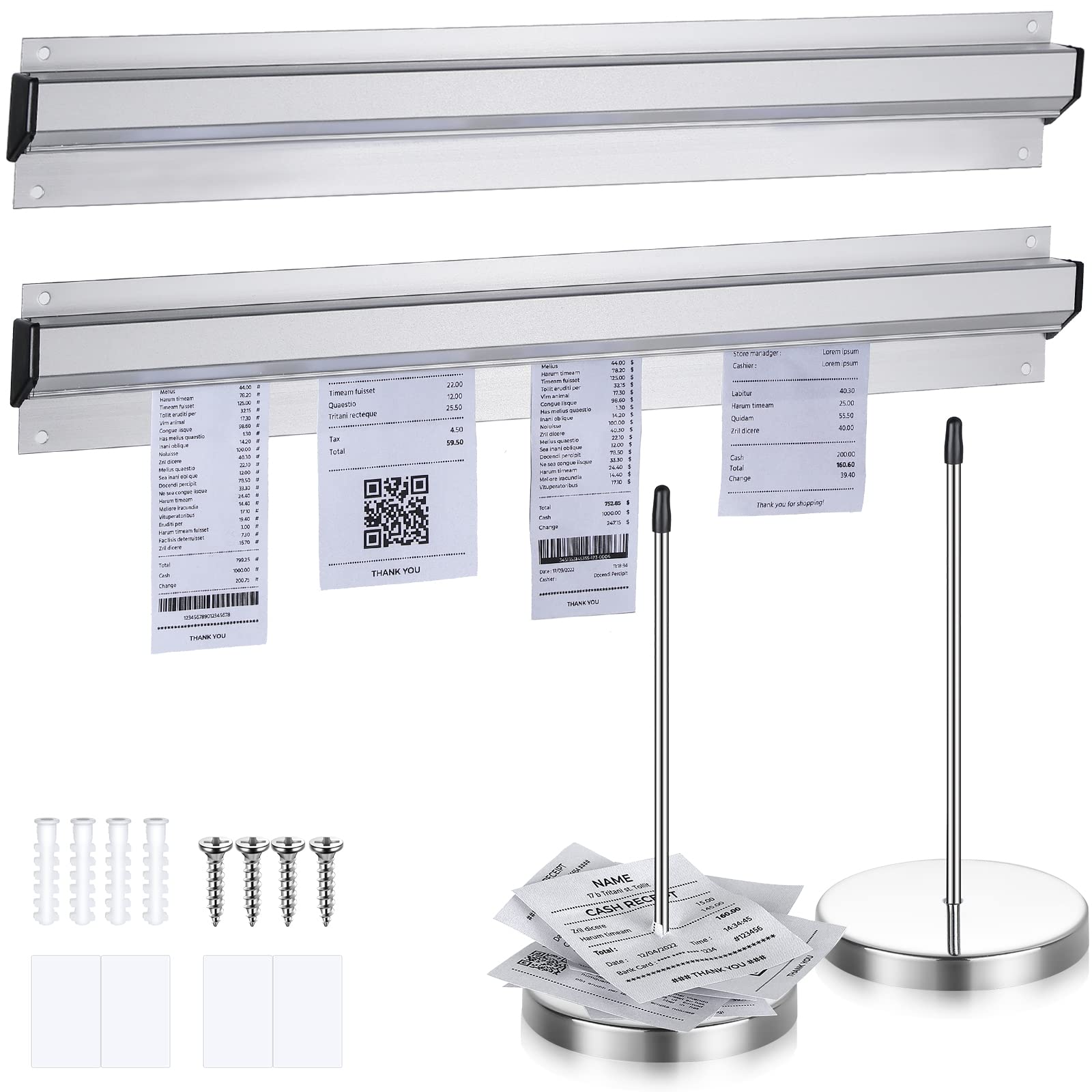Photo 1 of Photect 2 Pcs 16 Inch Restaurant Ticket Holder with 2 Stainless Steel Receipt Holder Spike Aluminum Slide Rack Rail for Restaurant Cafes Kitchen Pub Bar Hotel, Silver
