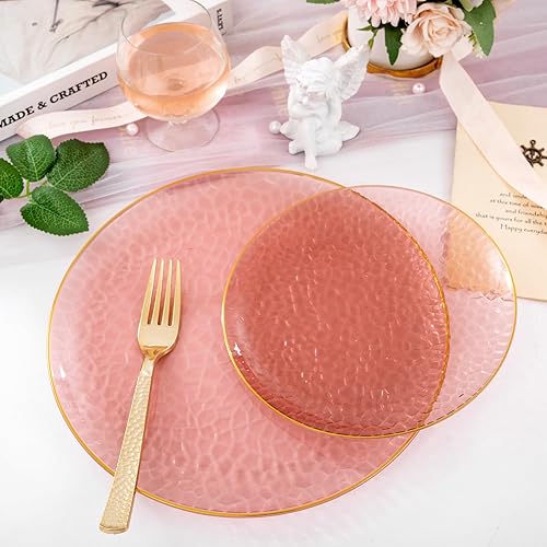 Hioasis 60pcs Burgundy Plastic Plates Gold Rimmed Disposable, Hammered,  Heavy-duty Dinnerware Set Suitable f