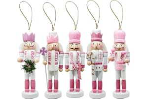MicoSim Mini Nutcrackers Figures Wooden Christmas Decor, Hanging Nutcracker Ornaments for Xmas Tree, Wood Nut-Crackers Christmas Decorations for Festival Party (Pink, 5PCS)