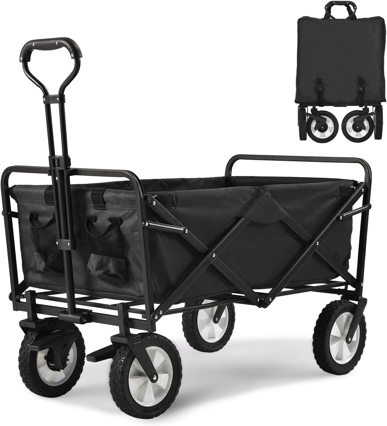 Bear family Faltbarer Bollerwagen klappbar Handwagen mit Bremsen, Transportwagen Strandwagen Transportkarre Gartenanhänger Gartenwagen, 360 ° drehbar, belastbar bis 80kg, Schwarz/Rot