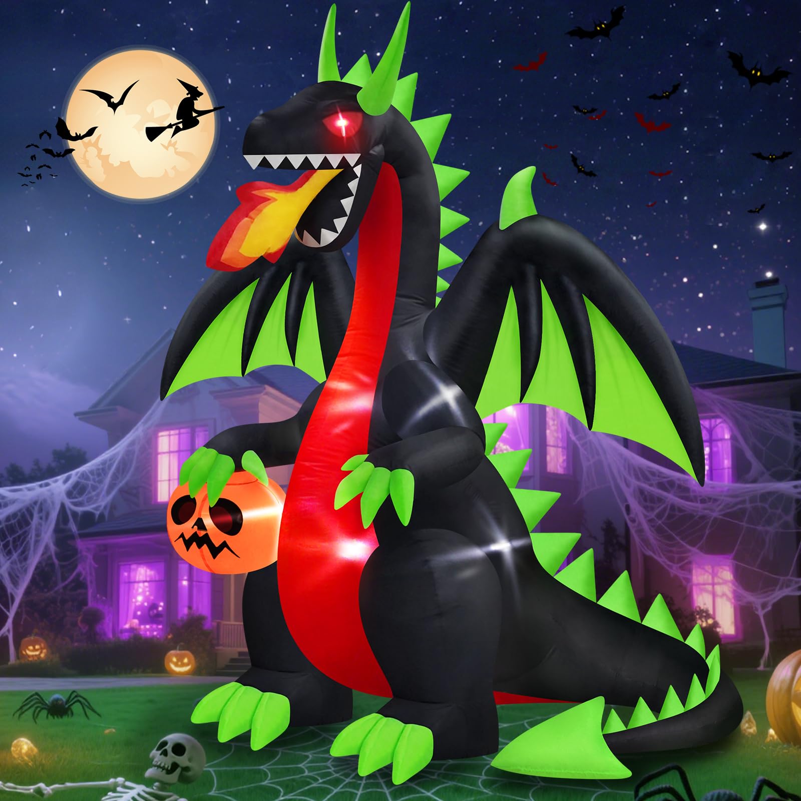 Photo 1 of MICOCAH 8 FT Outdoor Halloween Inflatables Fire-Breathing Dragon with Flashing Red Eyes Holding Pumpkin Halloween Decorations Outside, Built-in LEDs Blow Ups for Yard Indoor Party Garden Lawn Decor