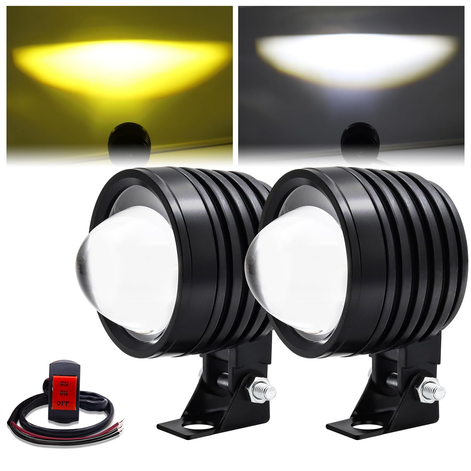 Ygmylandbb LED Auxiliary Motorcycle Lights, Spotlights, Fog Lights, White and Amber Driving Running Light, 60W DC12V 6000lm Riding Lights Universal for Motorcycle, Include Switch, 2 Packs