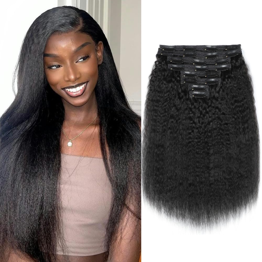 YDDM Kinky Straight Clip ins Human Hair Clip in Hair Extensions for Black Woman Full Head Brazilian Virgin Human Hair Natural Black Double Weft Clip ins 22 Inch 120g 8pcs 20Clips
