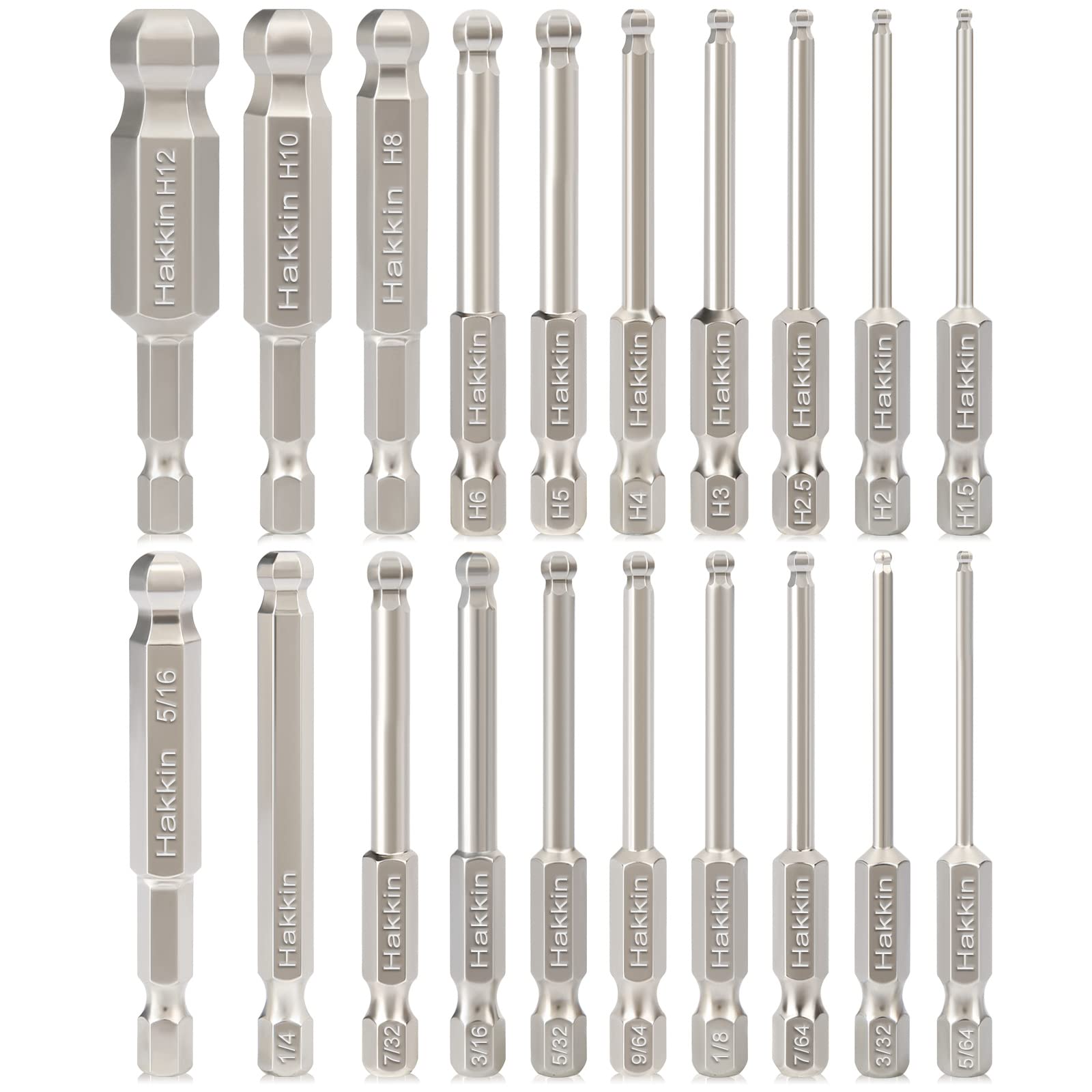 Hakkin 20pcs Ball End Allen Key Set 1/4" Hex Shank Wrench Screwdriver Drill Bit S2 Steel Magnetic Metric & SAE Hex Screwdriver Bits Set 65mm