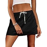 EsheSy Womens Cotton Linen Mini Skirts Summer Drawcord Waist Short A-Line Casual Beach Skirts with Pockets