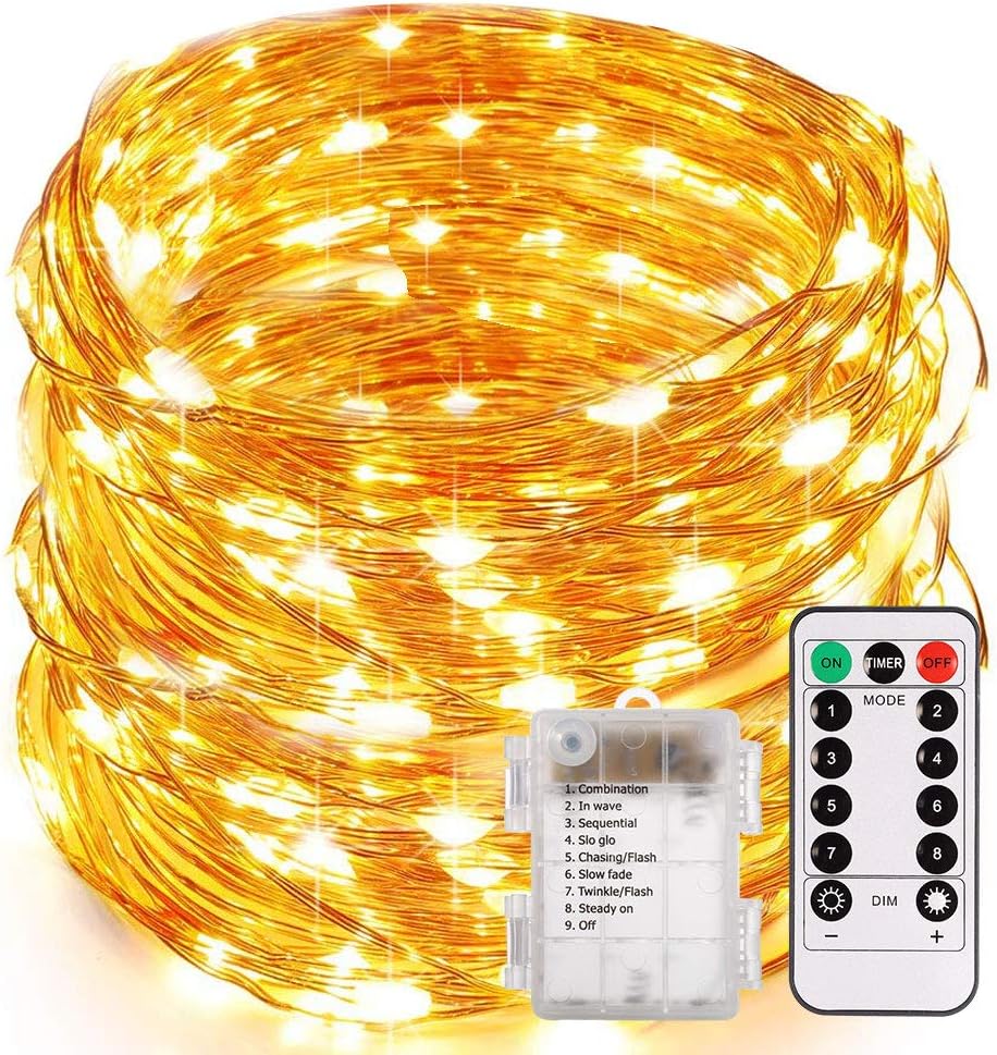 ECOWHO String Lights Starry Fairy Lights Battery Powered 8 Lighting Modes Remote IP65 Waterproof Christmas Lights for Room Party Holiday(Warm White)