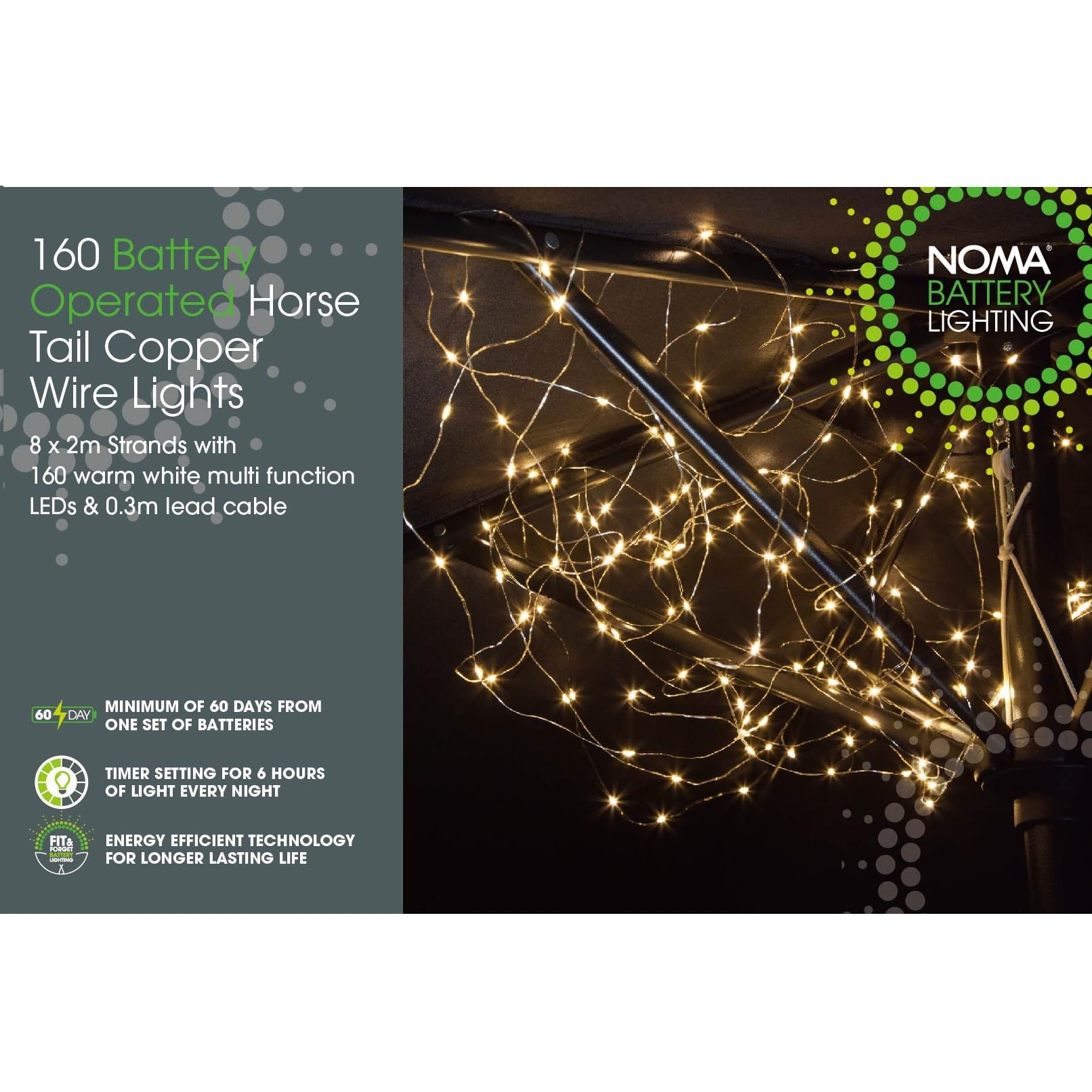 Noma 160 Copper Wire Horses Tail Parasol Lights String with Warm White LED's, Battery Operated