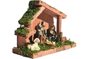 URMAGIC Christmas Nativity Scene Set with Mossy Stable and 5 Figurines,6.3 Inch Mini Christmas Nativity Set,Resin Miniature Holy Family Nativity Scene Statue,Christmas Ornament for Tabletop Fireplace